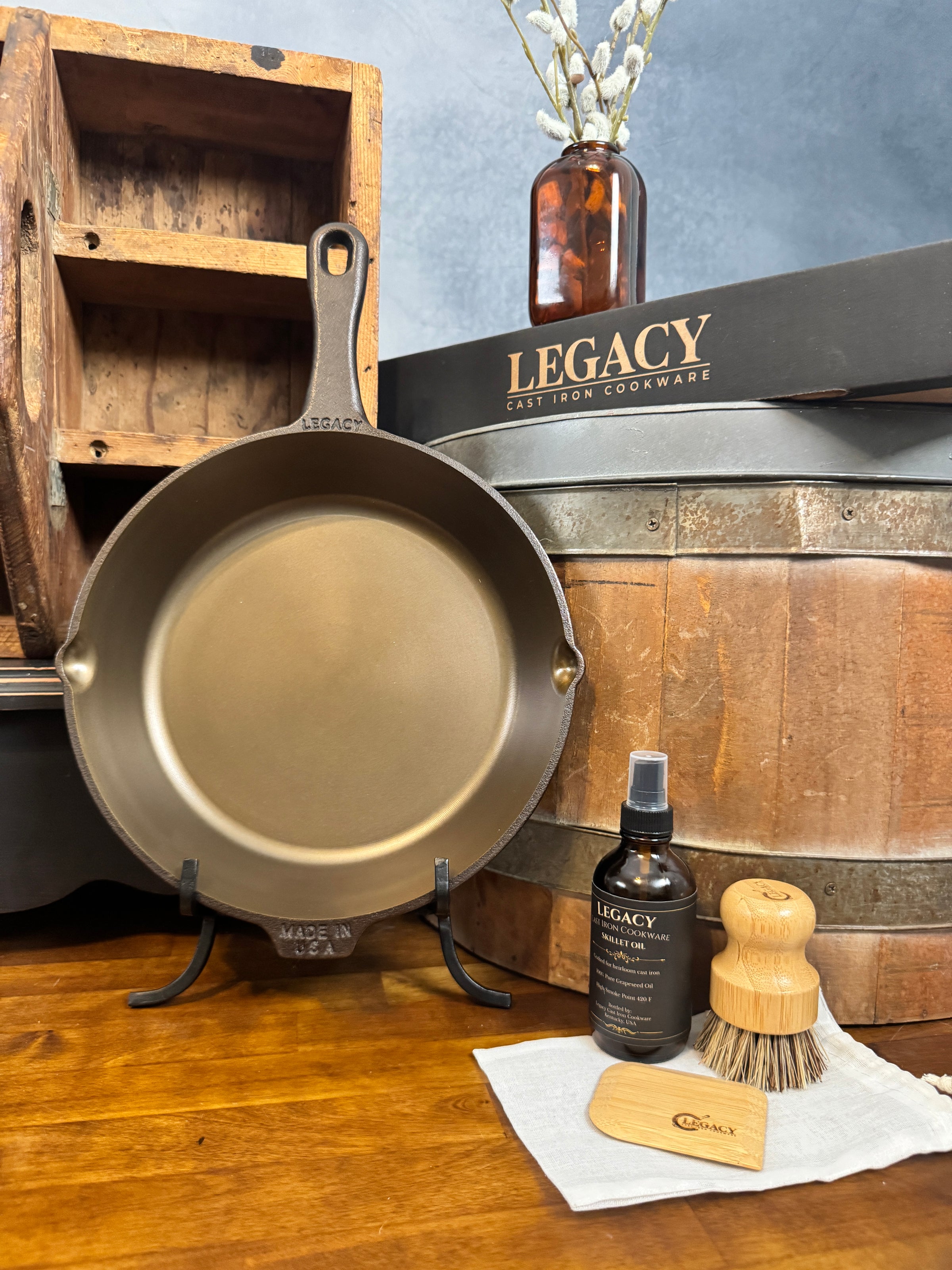 Legacy Cast Iron 4-Piece Gift Set - Fully Machined Skillet + Care Kit + Leather Handle