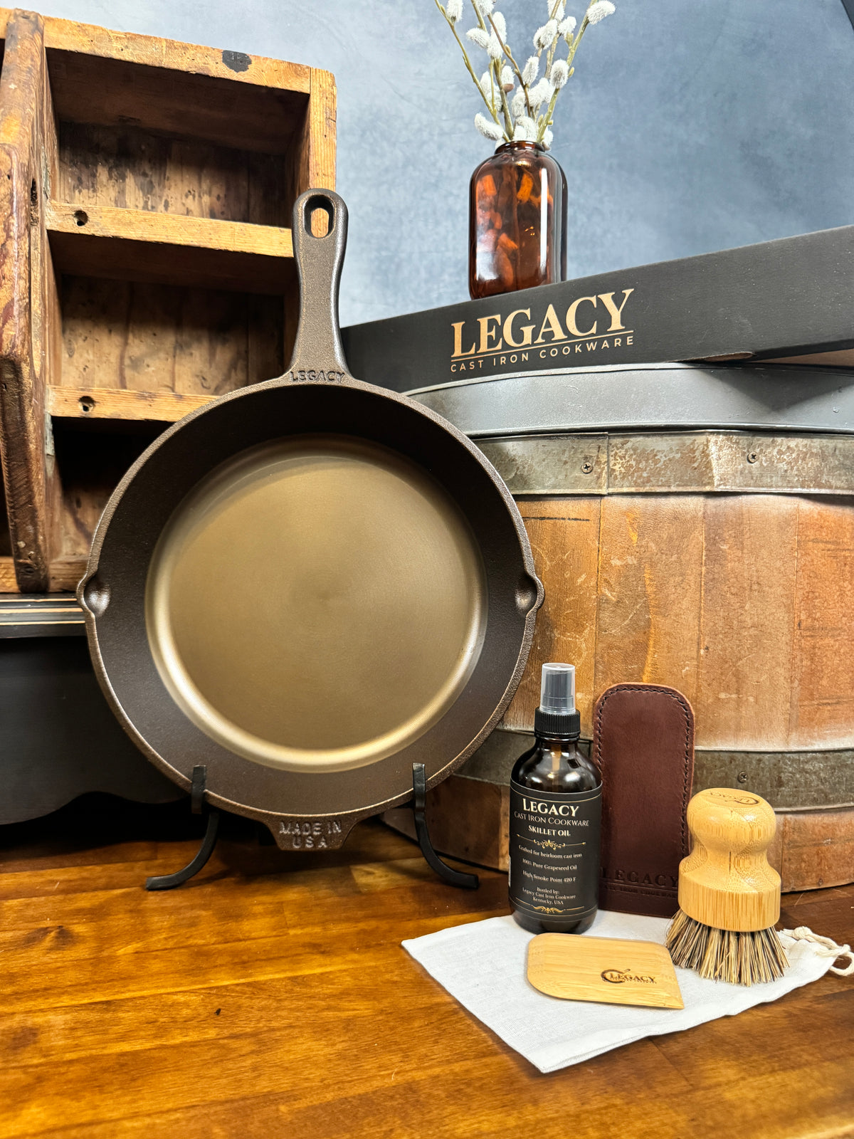 Legacy Cast Iron 4-Piece Gift Set - Smooth Floor Skillet + Care Kit + Leather Handle